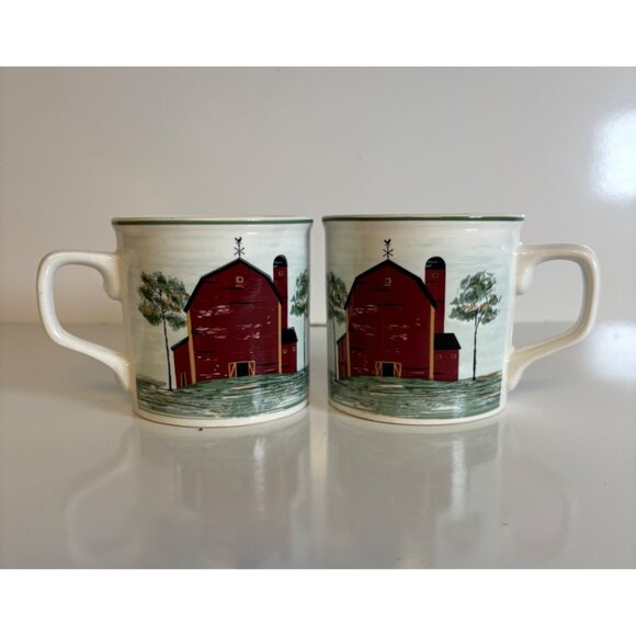 Tenshan Stoneware Prairie Farmhouse Barn Coffee Mugs Ceramic Set Of 2 Country - Picture 1 of 5